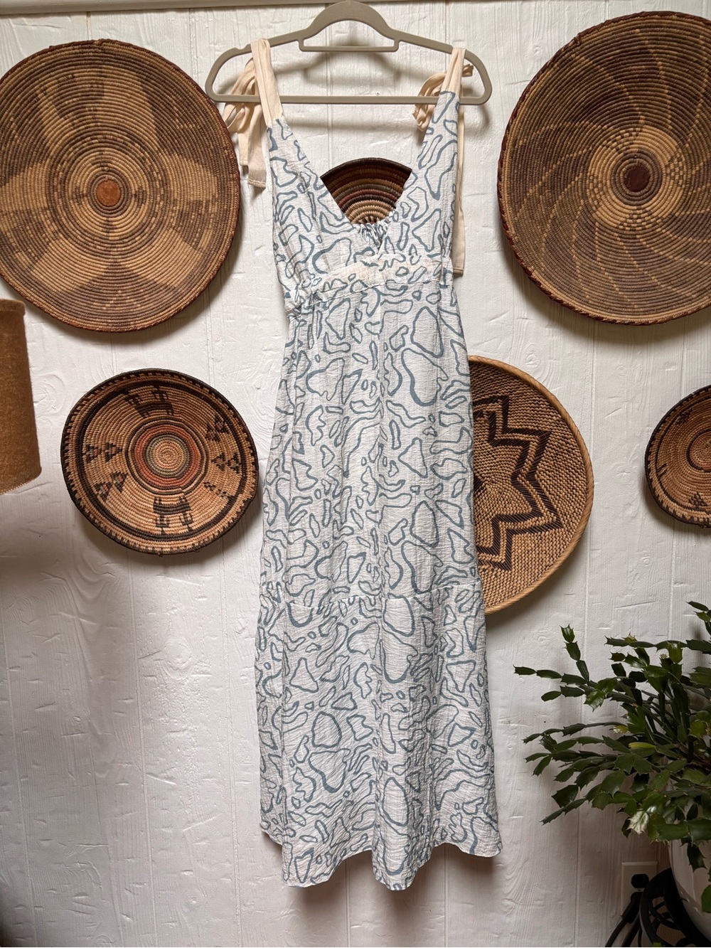 ASOS White Midi Dress with Light Blue Abstract Print